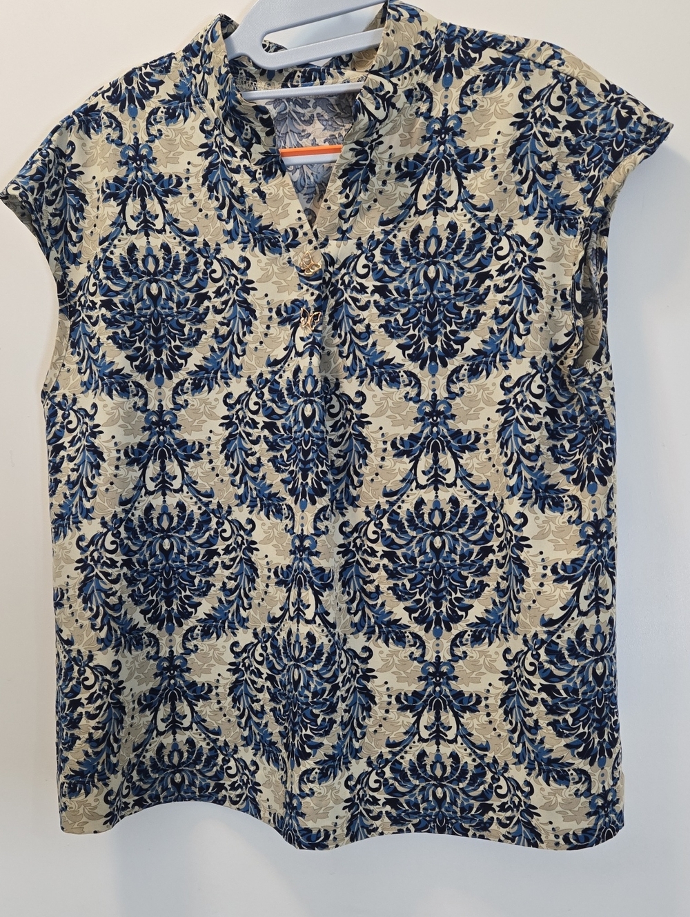 Blue Damask Cap-Sleeve Button-Down Blouse